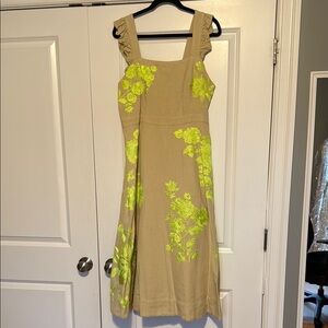 Anthropologie Beige Dress with Neon Green Floral Embroidery